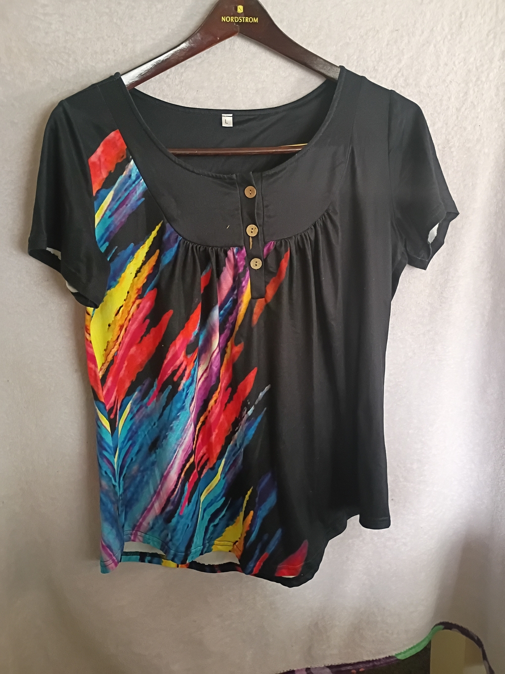 Women’s Black Short-Sleeve Top with Multicolor Print
